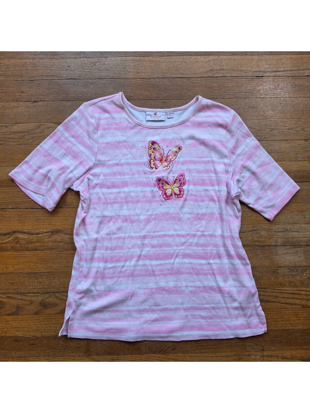 Quacker Factory Pink Striped Cotton Blend T-Shirt with Butterfly Embroidery